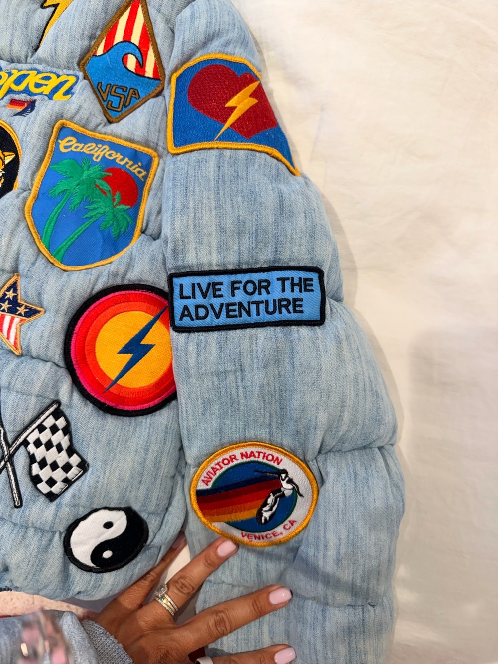 Aviator Nation Light Blue Quilted Puffer Jacket with Multicolor Patchwork - Picture 3 of 7